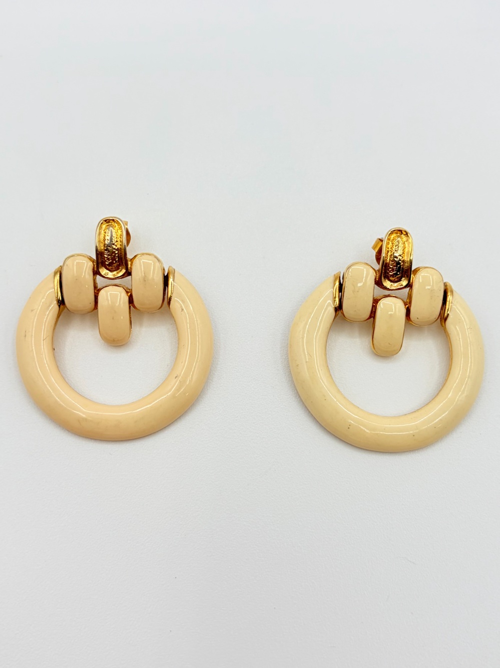 Vintage Cream Enamel Hoop Statement Earrings Gold Tone